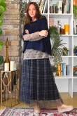 Enid Plaid Tulle Midi Skirt Navy